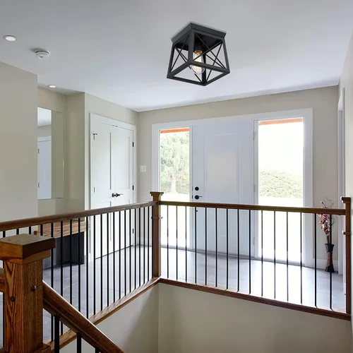 Vista 8 de 1 Light Black Industrial Flush Mount Ceiling Light Fixture - Square Farmhouse Caged Ceiling Light for Closet Kitchen Hallway Porch, E26, Dimmable