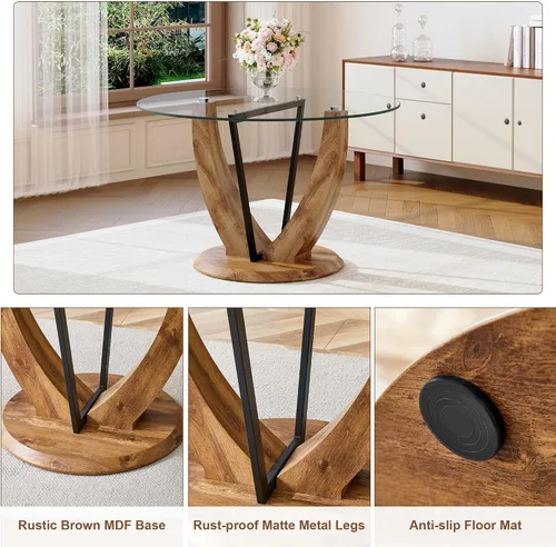 Vista 8 de Juego de mesa redonda de cristal de 5 piezas para 4, mesa de comedor moderna de 48 pulgadas con base de grano de madera, sillas tapizadas de gamuza