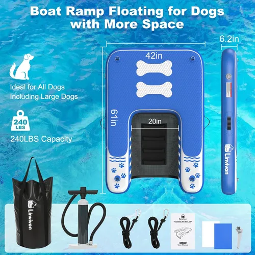 Vista 6 de Rampa inflable para perros de hasta 240 libras, plataforma flotante con espuma EVA antideslizante, segura y fácil acceso al agua, rampa para perros