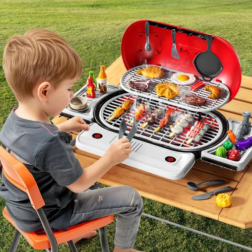 Vista 5 de Juego de Parrilla de Barbacoa para Niños de 4 a 8 Años, Juguetes de Cocina de Juego con Humo y Luz para Niños de 3 4 5 6 7, Juguetes de Barbacoa