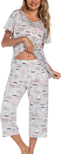 Vista 3 de ENJOYNIGHT Conjunto de pijama de algodón para mujer, parte superior de manga corta y pantalones capri, ropa de dormir de 2 piezas