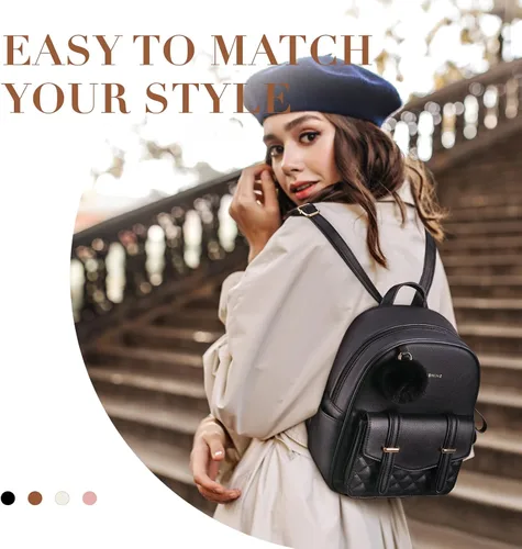 Vista 6 de Missnine Mini mochila para mujer, bonita mochila pequeña con pompón, de piel sintética, mini mochilas casuales para damas, 1-negro, Casual Chic