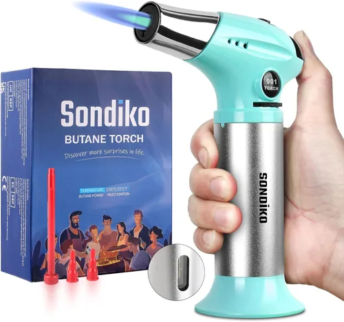 Vista 9 de Sondiko Antorcha para Crème Brûlée, Antorcha Encendedor de Butano Recargable con Llama Ajustable para Bricolaje, Crème Brûlée, Parrillada
