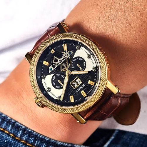 Vista 7 de Relojes automáticos para hombres, relojes de esqueleto de cristal de zafiro para hombres, reloj mecánico de cuerda automática, correa de cuero