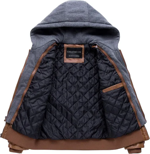Vista 3 de CREATMO US Chaqueta de piel sintética para hombre, impermeable, resistente al viento, PU con capucha extraíble