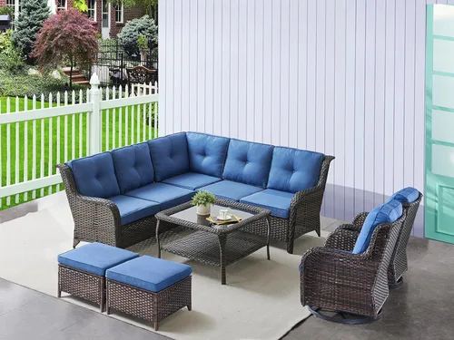 Vista 132 de HUMMUH Juego de 2 Sillas Giratorias Mecedoras de Mimbre para Patio Exterior, Juego de Muebles de Sillas Mecedoras de Ratán (Marrón, Azul) 50,000