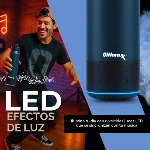 Vista 4 de Ultimaxx Botella de agua de alta calidad aislada al vacío con altavoz Bluetooth, diseño de doble pared de acero, luces, cierre de tapa, conveniente