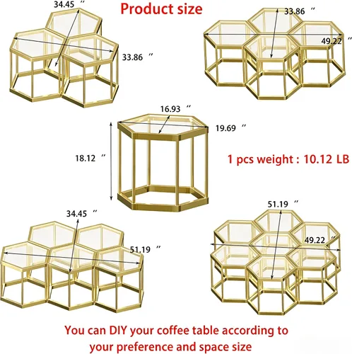 Vista 2 de Mesa auxiliar modular hexagonal, marco chapado en oro, parte superior de vidrio templado, mesa auxiliar geométrica, mesa anidable multiusos