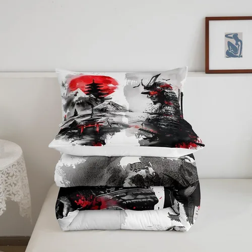Vista 5 de Feelyou Samurai - Juego de ropa de cama japonesa para niños y niñas, juego de edredón de monte Fuji con 2 fundas de almohada, 3 piezas