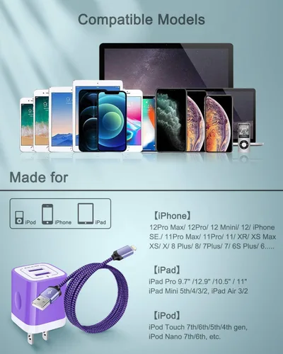 Vista 38 de AILKIN - Cargadores para iPhone con certificación MFI, cable Lightning trenzado de 6 pies de largo USB Wall Charger, Fast Charging Power Cord Plug