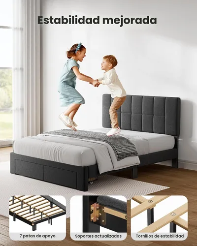 Vista 7 de Pipishell Marco de cama Full con 2 cajones de almacenamiento, 12 patas resistentes, base de cama de madera maciza con cabecera tapizada