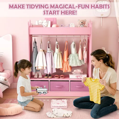 Vista 9 de COSVALVE Almacenamiento de Disfraces para Niños con Espejo y Cajones, Cómoda Armario para Niños, Armario de Almacenamiento de Disfraces para Niños