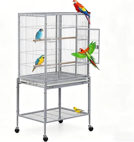 Vista 8 de Jaula grande de hierro forjado de 53 pulgadas con soporte rodante, jaulas para pájaros para cacatúas, color gris africano, agapornis, pinzón canario