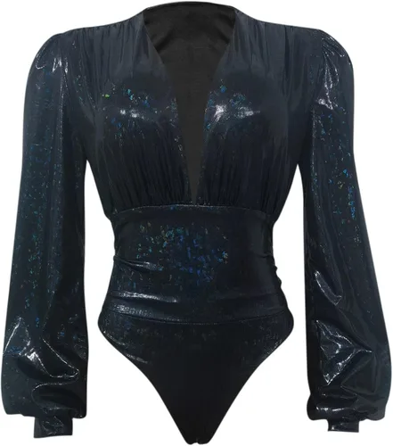 Vista 7 de Conjunto de body sexy para mujer, estampado reflectante, mangas largas, halter sólido, malla transparente, retazos a rayas
