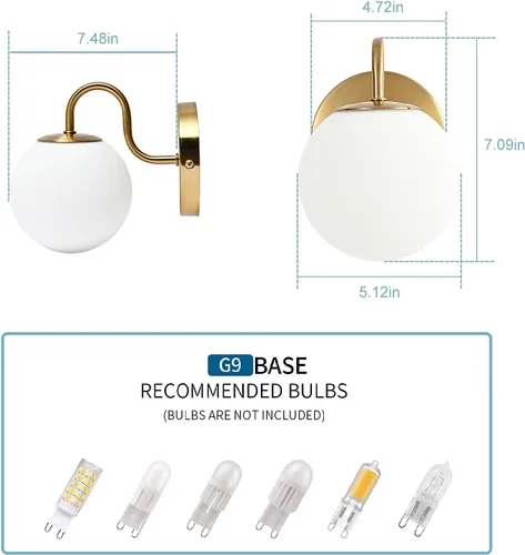 Vista 5 de Moderno aplique de pared para dormitorio, latón cepillado, lámpara de pared interior de globo blanco leche, lámpara de pared de vidrio para baño
