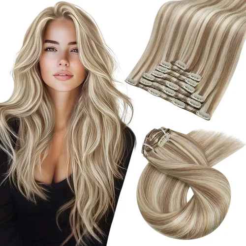 Vista 42 de Moresoo Extensiones de cabello humano con clip, balayage, color marrón oscuro a marrón dorado con clip, extensiones de cabello humano con clip, 5