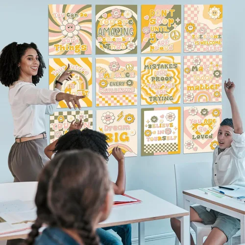 Vista 4 de Nezyo 12 pósteres retro Groovy para aula, diseño de flores hippie bohemias, decoración de tablón de anuncios, póster educativo para guardería