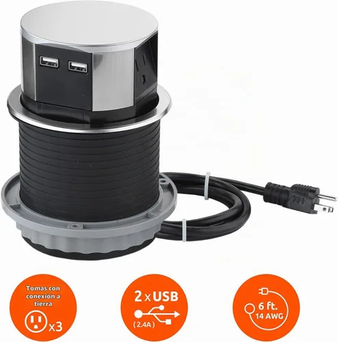 Vista 6 de Link2Home Paquete de 2 enchufes emergentes que ahorran espacio con USB, 3 tomas de corriente de 15 A, 2 puertos USB de 2.4 A de carga rápida