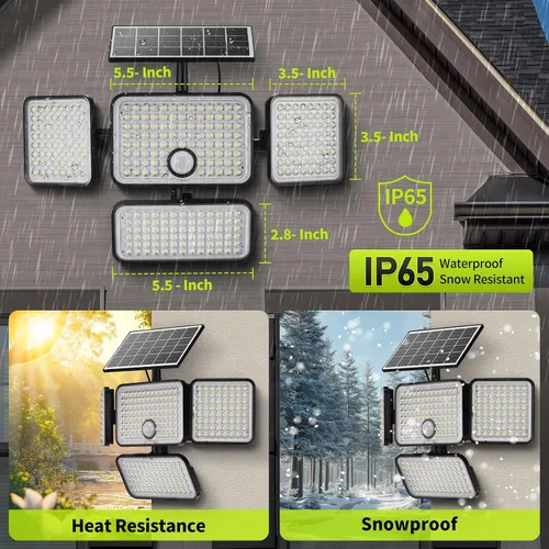 Vista 8 de 1 reflector solar de 3000 lm para exteriores con panel solar mejorado, 4 luces con sensor de movimiento de cabeza, luz de inundación con cable