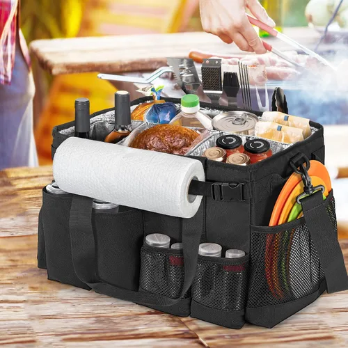 Vista 7 de HODRANT Organizador grande para utensilios de parrilla con soporte para toallas de papel, organizador de bolsa de picnic al aire libre