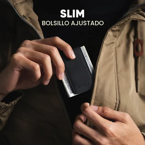 Vista 4 de VULKIT Clip magnético de cuero para dinero, portador de dinero, diseño minimalista con capacidad para hasta 15 billetes, Negro, Delgado