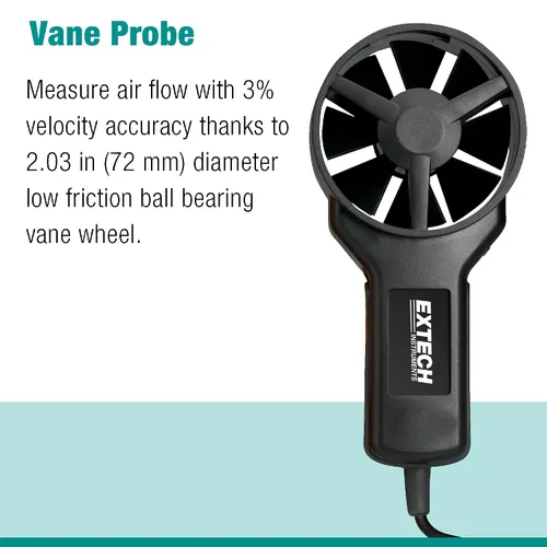 Vista 5 de Extech AN100 CFM/CMM Mini termoanemómetro, flujo de aire y velocidad Air flow CFM/CMM, air velocity, ambient temp, 20-point average, stored area