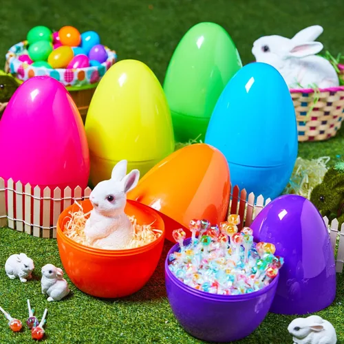 Vista 7 de JOYIN Huevos de Pascua gigantes de 10 pulgadas, 6 huevos gigantes de plástico brillante vacíos rellenables para relleno de Pascua, regalos