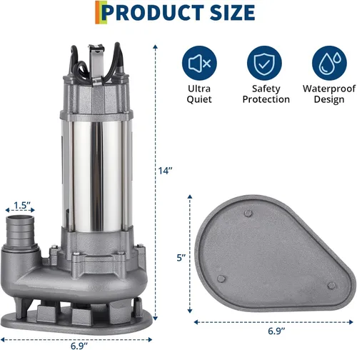 Vista 4 de Bomba sumergible de aguas residuales de 1/2 HP 4200 GPH, bomba de efluente de hierro fundido resistente con interruptor de flotador automático