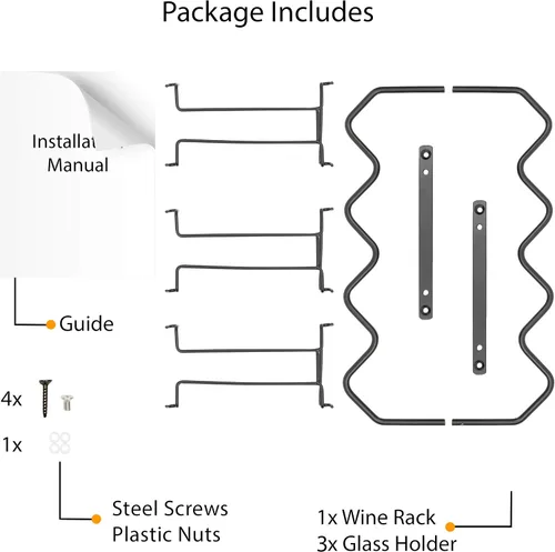 Vista 7 de Wallniture Piccola - Estante para vino y soporte para vasos para debajo del gabinete, organizador de cocina con 4 botellas, color negro