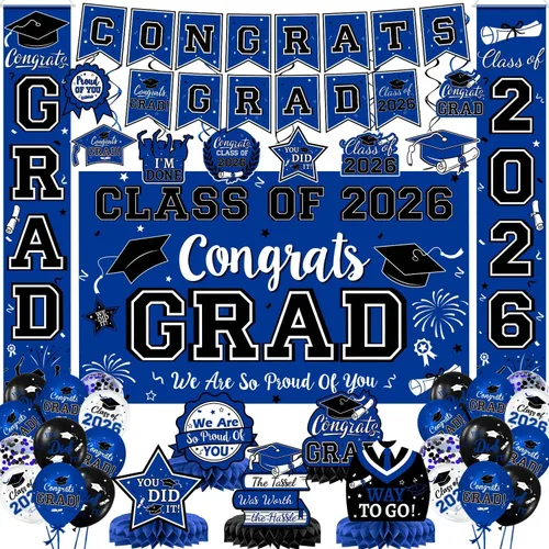 Vista 13 de Decoraciones de graduación 2026, juego de decoraciones de graduación rojo y negro con pancarta y telón de fondo de felicitaciones, letrero