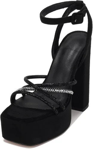 Vista 3 de PTUPLYU Tacones altos negros gruesos para mujer, plataforma de gamuza cuadrada, tacón abierto, tacón de tiras de diamantes de imitación brillantes
