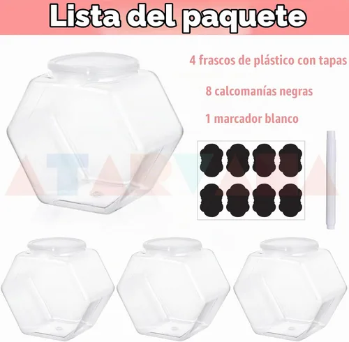 Vista 4 de Atarvana Juego de 4 tarros de plástico para caramelos de 72 onzas, recipientes hexagonales para dulces con tapas herméticas para bufé de dulces