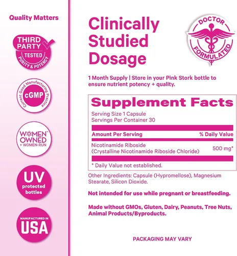 Vista 6 de Pink Stork NAD+ Suplemento para mujeres mayores de 30, 30 cápsulas 500 mg Nicotinamide Riboside NR, Clinically Studied Pure NMN Powder, Brain