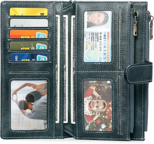 Vista 2 de GOIACII Cartera de mujer con bloqueo RFID triple pliegue cartera de mano larga para mujer cartera de cuero vegano con bolsillo para monedas A02-azul