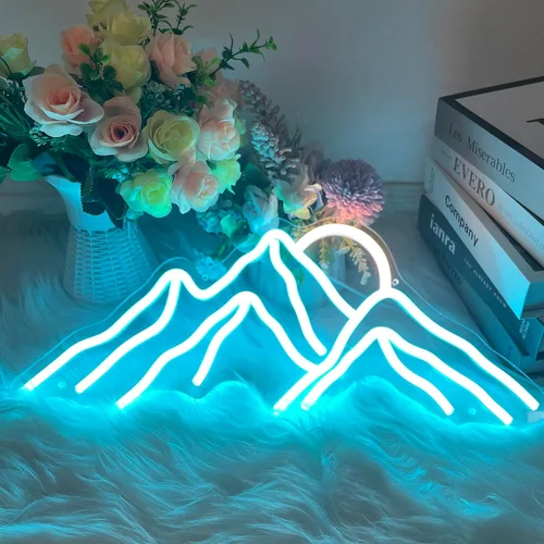 Vista 4 de Letrero de neón con diseño de montañas y puesta de sol, luces LED personalizadas, decoración de pared para el hogar, dormitorio, sala