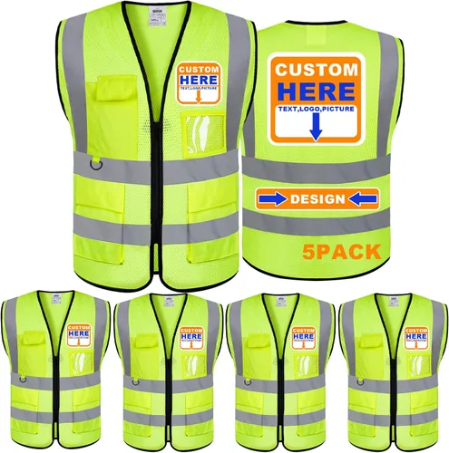 Vista 20 de BeautyWill Chaleco de seguridad con logotipo personalizado, Hi Vis Clase 2, chaleco reflectante de construcción unisex con 5 bolsillos