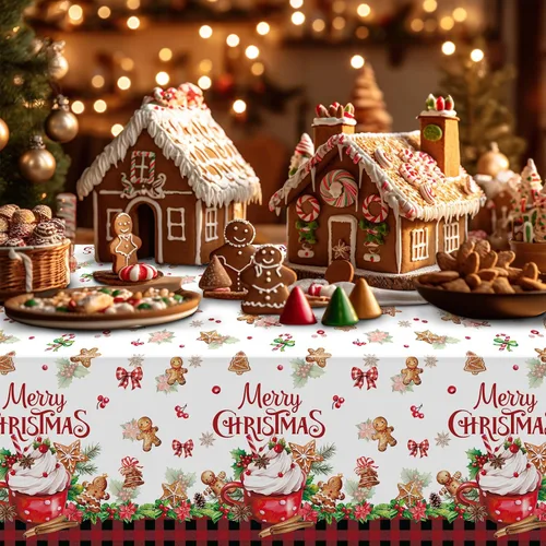 Vista 5 de 3 piezas de manteles de fiesta Feliz Navidad a cuadros de búfalo de pan de jengibre, cubierta de mesa rectangular de plástico rojo y negro a cuadros