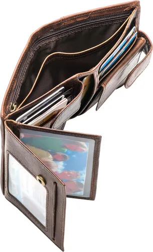 Vista 5 de Tarjetero grande de cuero genuino RFID con cierre a presión, 3 ventanas de identificación para hombres, Classic