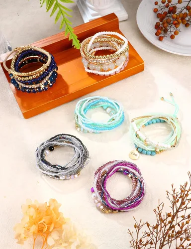 Vista 4 de LOYALLOOK Juego de 6 pulseras de cuentas apilables bohemias para mujer, estilo bohemio, elásticas, de varias capas, estilo bohemio