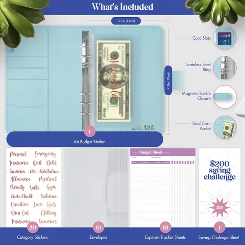 Vista 2 de SOUL MAMA Carpeta de presupuesto con sobres de efectivo, organizador de dinero azul para efectivo, carpeta A6 para presupuesto, carpeta de ahorro