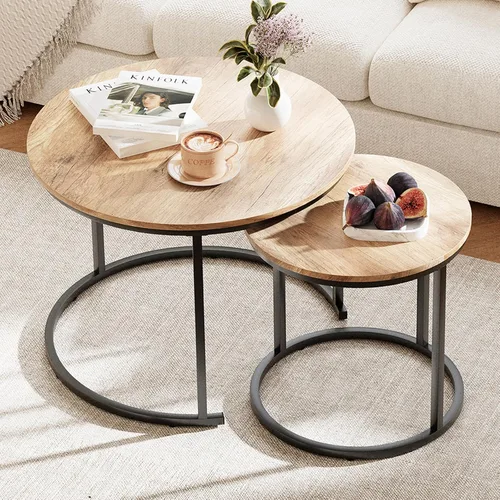 Vista 5 de Mesa de Centro Anidable, Juego de Mesa de Centro Redonda de 23.6" Set de 2, Juego de Mesas Anidables de Madera con Marco de Metal, Mesas Laterales