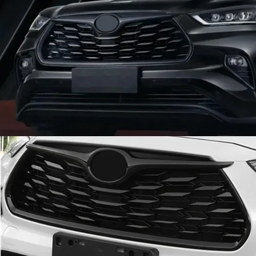 Vista 3 de Karmoxs Vestidura frontal para parachoques y parrilla para Toyota Highlander 2020 2021 2022 2023 2024 2025 Parrilla de malla negra brillante