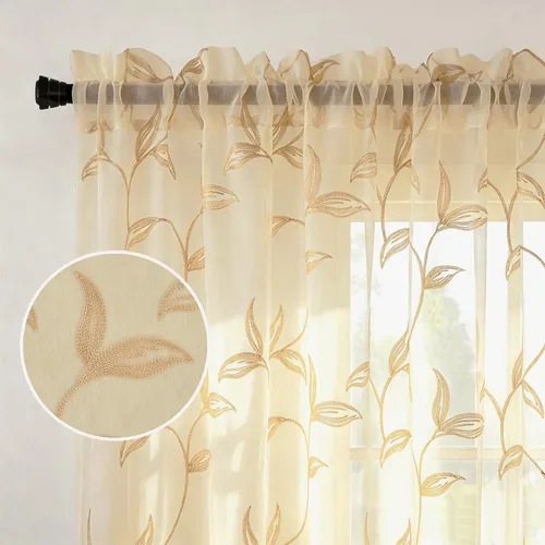 Vista 5 de VISIONTEX 2 paneles de cortinas traslúcidas de 63 in de largo, cortinas de gasa semitransparentes bordadas con hojas florales beige, bolsillo
