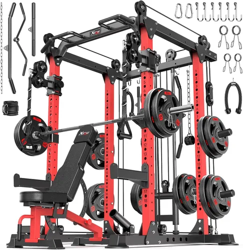 Vista 39 de Rack Multiusos para Sentadillas, Conjunto de Rack de Pesas Smith Machine con Sistema de Crossover de Cables, Racks de Potencia para Gimnasio