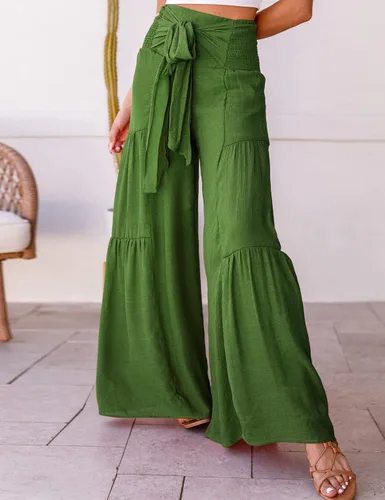 Vista 2 de KOJOOIN Pantalones de pierna ancha para mujer, cintura alta, elásticos, holgados, dobladillo con volantes, casuales, para playa, palazzo