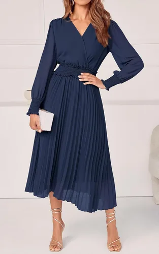 Vista 4 de PRETTYGARDEN Vestidos cruzados con cuello en V para mujer, para invitados de boda, casual, plisado, manga larga, vestido largo fruncido con volantes