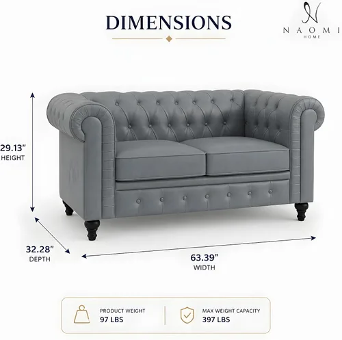 Vista 2 de Naomi Home Emery Chesterfield - Juego de sofá de dos plazas, color gris