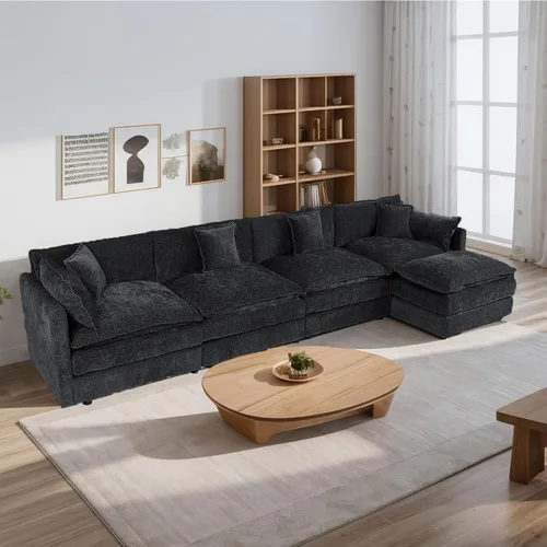 Vista 16 de Setawix Sofá Profundo de 3 Plazas con Otomana, Sofás de Nube en Forma de L de 112.2" para Sala de Estar, Sofá de Nube de Chenilla con Asiento Café