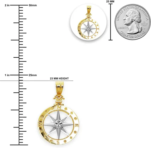 Vista 3 de Charm America - Colgante de brújula de oro bicolor - Oro macizo de 10 quilates - Colgante de joyería náutica