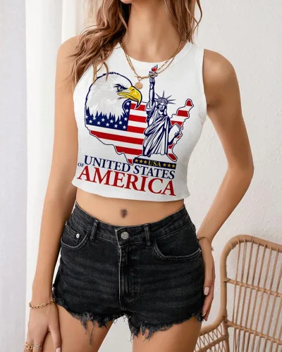Vista 4 de Camiseta corta con bandera estadounidense para mujer, patriótica de Estados Unidos, para el 4 de julio, sexy, expuesta, suave, para verano, sin